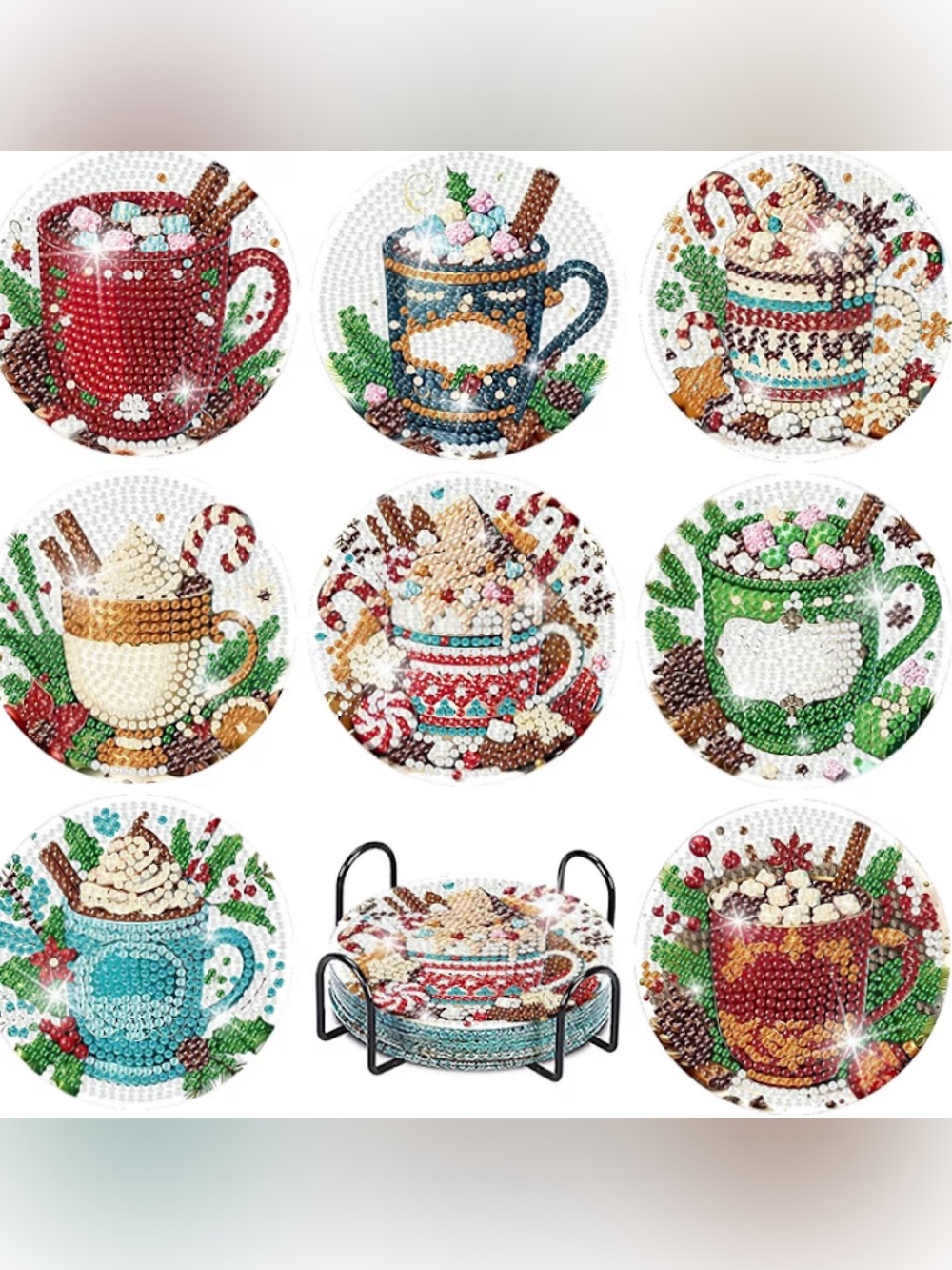 Christmas Diamond Art Coaster Set Hot Coco Marshmallows Christmas Holiday Drinks